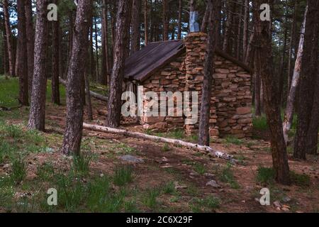 Steinhütte im Wald, Stadt Boulder Colorado USA. Stockfoto