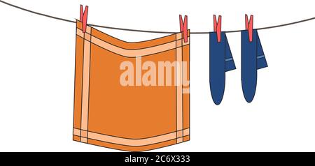 Wäscheleine mit hängenden gewaschen orange Kleiderschale Tuch und blauen Socken mit roten Haken Stock Vektor