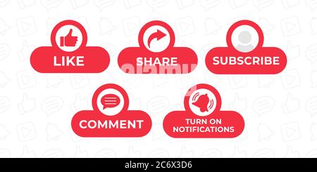 „Gefällt mir“, „Teilen“, „Kommentieren“, „Abonnieren“ und „Teilen“, Symbolschaltfläche Vektorgrafik. Set von Social Media-Schaltfläche oder Symbol Vektor Illustration Design-Vorlage für Stock Vektor