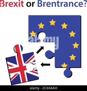 Brexit oder Brentrance, Puzzleteile mit europäischer Gewerkschaftsflagge und ein Puzzleteil mit britischer Flagge mit Pfeilen in beiden Richtungen. Konzept der Zweifel Stock Vektor