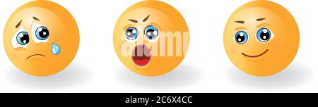 Set von gelben süß glücklich lächeln, traurig weinen und überrascht oder wütend Emoticons. Mit Emotionen konfrontiert. Gesichtsausdruck, Stimmung. realistische 3d-Emojis. Lustig Stock Vektor