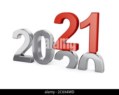 3d-Illustration des Neujahrskonzepts 2021 isoliert auf weißem Hintergrund Stockfoto