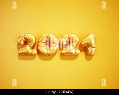 Weihnachten und ein glückliches neues Jahr 2021 Ballon orange goldene Zahlen auf gelbem Hintergrund. 3d Rendering Happy New Year 2021 Logo Design. Stockfoto