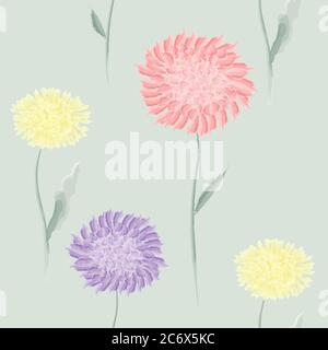 Elegantes Vintage nahtloses Blumenmuster mit frühlingshaften Blüten und Blättern, Löwenzahn und roter und violetter Dahlia Blume auf hellgrünem Hintergrund Stock Vektor