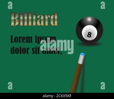 Billard Queue mit Ziel auf schwarzen Billardkugel Zahl acht auf grünem Hintergrund mit goldenen und schwarzen Zeichen Vektor Illustration Stock Vektor