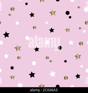 Niedliches Nahtloses Muster mit weißen, schwarzen und goldenen Sternen und Punkten auf rosa Hintergrund. Ideall für Kinder Stoff, Tapete, Geschenkpapier, Muster füllt Stock Vektor