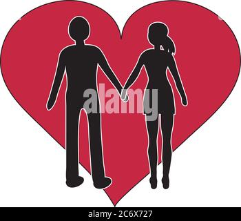 Mann und Frauen halten Hand schwarz Silhouette mit rotem Herz einfache Vektor-Illustration Stock Vektor