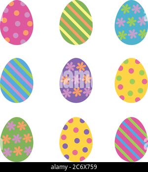Set von niedlichen verschiedenen bunten bemalten ostereiern verziert Streifen, Punkte und Blumen, flache Vektor-Symbol Stock Vektor