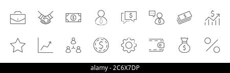 Symbole Für Geschäftslinien. Handshake, Benutzer, Dollar-Symbol, Zahnräder, Bearbeitbare Kontur Stock Vektor