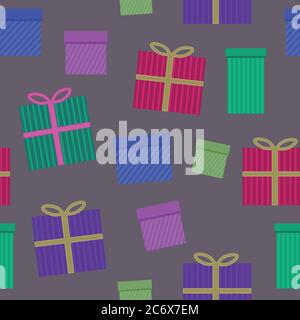 Weihnachten und Happy New Year Nahtloses Muster mit gestreiften bunten Geschenkschachteln auf braunem Hintergrund. Modischer Retro-Style. Vektordesign-Vorlage Stock Vektor