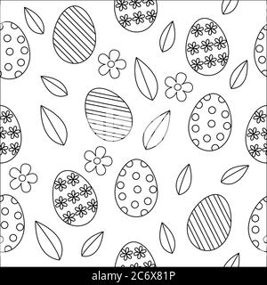 ostern nahtlose Muster Vektor niedlichen Umriss schwarz und weiß Färbung Buch Hintergrund Ostereier mit Frühlingsblättern und Blumen dekoriert Stock Vektor