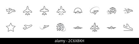 Ebenensymbol. Es enthält Symbole Flugzeug, Globus und mehr. Bearbeitbare Kontur Stock Vektor