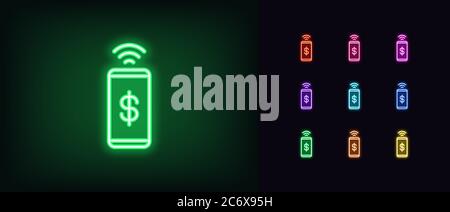 Neon-Symbol für Telefonzahlung. Glowing Neon mobile Zahlung Transaktion Zeichen, Telefon Geldtransfer. NFC-Technologie, mobiles Banking. Helles Icon Set, Schild, sy Stock Vektor