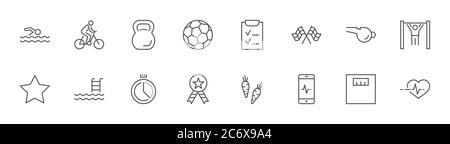 Fitness Line Icons Icon Sport Fußball Ball Timer Diät-Plan Sport. Bearbeitbare Kontur Stock Vektor