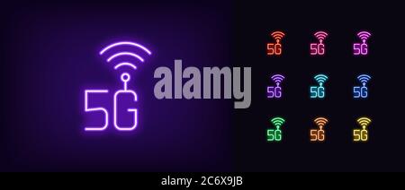 Neon 5G-Netzsymbol. Leuchtende Neon 5g Technologie Zeichen, High-Speed-Internet in lebendigen Farben. Schnelles Internet der 5. Generation, Hotspot. Helle Symbolgruppe, s Stock Vektor