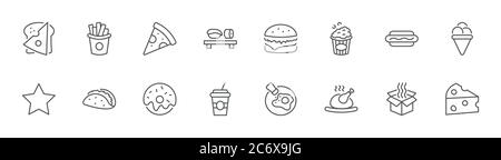 Lebensmittel, Getränke Line Icons. Pizza, Ei, Fleisch, Sushi, Huhn, Hamburger. Schlaganfall Stock Vektor