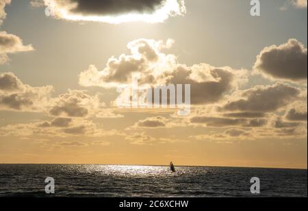 Windsurfer in Aktion mit Sonnenuntergang und Wolken in Den Haag, Holland Stockfoto