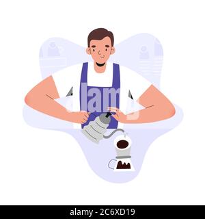 Barista junger Mann Kaffee, Brühen gießen über Kaffee im Café, flache Vektor-Illustration, Cartoon-Charakter Kellner trägt Schürze, Vorbereitung Stock Vektor