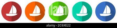 Yacht Icon Set, rot, blau, grün und orange flaches Design Web-Tasten isoliert auf weißem Hintergrund, Vektor-Illustration Stock Vektor