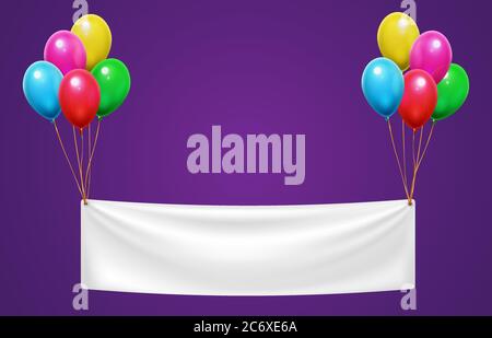 Banner hängt auf bunten Luftballons für Happy Birthday Party. Einladung zur Veranstaltung oder Grußkarte Stock Vektor
