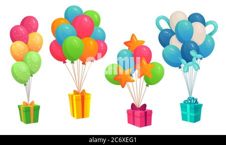 Geschenke hängen auf bunten Ballons Haufen. Schachteln in verschiedenen Farben und Formen mit Schleife zum Geburtstag Stock Vektor