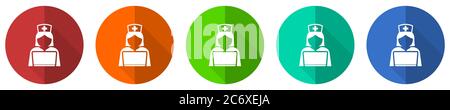 Arzt online Icon Set, Notfall, Krankenhaus, rot, blau, grün und orange flaches Design Web-Tasten isoliert auf weißem Hintergrund, Vektor-Illustration Stock Vektor