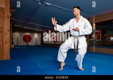 Karate Mann stehen Sie Ihren Boden auf Tatami tun 'Shuto Uke' Stockfoto