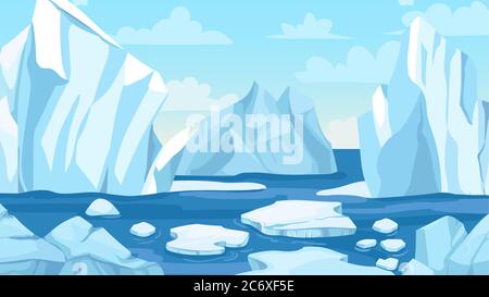Cartoon arktische Landschaft. Eisberge, blauer Reinwassergletscher und eisige Klippenschneelberge. Grönland polare Natur Panorama Vektor Hintergrund Stock Vektor