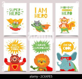 Helden Tiere Karten. Nette und lustige Kinder super Helden Tiere mit Umhänge, Masken und Schriftzug Gruß Zitate, Cartoon-Vektor Kinder Poster Set Stock Vektor