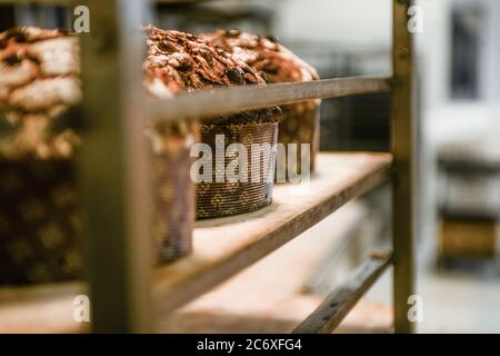 Backen Sie eine Gruppe von Panettone italienischen weihnachten süßen Kuchen in profi-Backofen Stockfoto