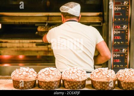 Backen Sie eine Gruppe von Panettone italienischen weihnachten süßen Kuchen in profi-Backofen Stockfoto