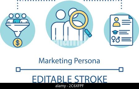 Symbol für das Konzept der Marketingpersona. Darstellung der Zielgruppe. Kommerzielle Forschung. Produktmanagement Idee dünne Linie Illustration. Vektor isoliert o Stock Vektor