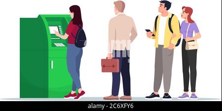ATM Queue semi Flat RGB-Farbvektordarstellung. Die Leute warten in der Nähe des Geldterminals. Bargeld von der automatischen Maschine abheben. Bankkunden isoliert Wagen Stock Vektor