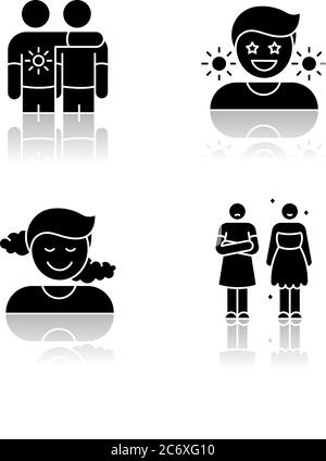 Positive und negative Emotionen Drop Shadow schwarze Glyphen-Symbole gesetzt. Menschliche Gefühle, emotionales Verhalten, Stimmung. Zuneigung, Glück, Freude und Neid. Stock Vektor