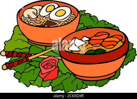 Essbare Stillleben mit Ramen und Miso-Suppe auf grünem Salatblatt Stock Vektor