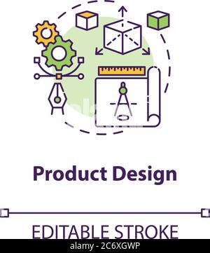 Symbol für Produktdesign-Konzept. Warenmodellierung. Moderne Technologieimplementierung. Produktmanagement Idee dünne Linie Illustration. Vektor isoliert o Stock Vektor