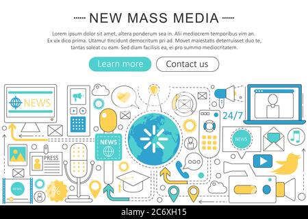 Vector moderne Linie flaches Design News Massenmedien Konzept. Nachrichten Massenmedien Icons Website Header, App Design Poster Banner Stock Vektor