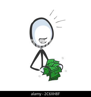 Zählen Bargeld Geld reicher Mann. Vektor einfach glücklich Holding Gehalt. Stickman kein Gesicht Clipart Cartoon. Von Hand gezeichnet. Doodle Skizze, grafische Illustration Stock Vektor