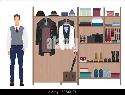 Stilvolle Garderobe für Männer und Männer. Vector Herren Ankleidezimmer Design. Kleidung und Schuhe an Kleiderbügeln Stock Vektor