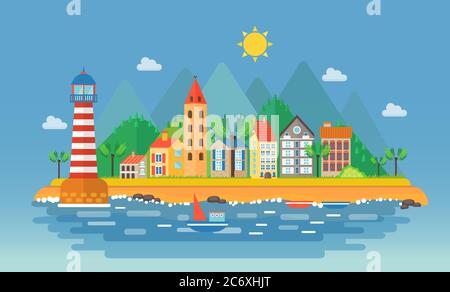 Kleine Stadt Stadtlandschaft Illustration. Cartoon Stadtbild auf den Bergen Hintergrund nahe Meer Meer Strand. Hafen Hafen Dorf Stock Vektor