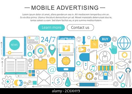 Vector moderne Linie flach Mobile Werbung Verkaufskonzept. Mobile Werbung Technologie Icons Website Header, App Design Poster Banner Stock Vektor