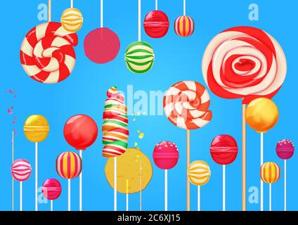 Hellblauer Zucker Hintergrund mit hellen bunten Lutscher Süßigkeiten. Süßigkeitengeschäft. Süßer Lollipop. Stock Vektor