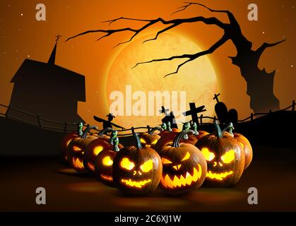 Gruppe von Halloween Jack o Laternen auf Friedhof Hintergrund Stockfoto