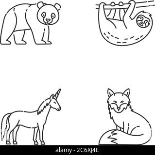Gemeinsame und Fantasy Tiere Pixel perfekte lineare Symbole gesetzt. Panda Bär, Faultier, Fuchs und Magie Einhorn anpassbare dünne Linie Kontur Symbole. Isolierte V Stock Vektor