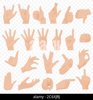 Realistische menschliche Hände Symbole und Symbole gesetzt. Emoji-Handsymbole. Verschiedene Gesten, Hände, Signale und Zeichen Emotionen Vektor Illustration Stock Vektor