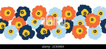 Nahtlose Vektor-Blumenrand rot orange und blau Blumen. Wiederholtes Blumenmuster im skandinavischen Stil. Mohnblumen. Für Stoffbesatz, Bänder Stock Vektor