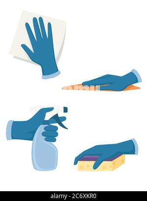 Set von Hand in Handschuhe verwenden Reinigungswerkzeuge Spray Flasche Schaumgummi Schwamm und Waschlappen flache Vektor-Illustration isoliert auf weißem Hintergrund Stock Vektor