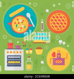 Moderne Küche Liebe flach Konzept. Küchengeräte und Kochen Lebensmittel Infografiken Design, Web-Elemente, Poster Banner Stock Vektor