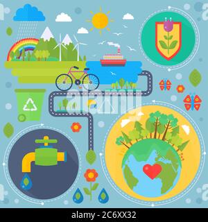 Umweltschutz, Ökologie Konzept Banner in modernem Flat Style. Ökologie Grüne Energie und sparen Planeten Infografiken Design, Web-Elemente, Poster Banner. Vektorgrafik Stock Vektor