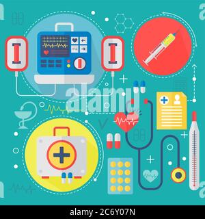 Modernes Medizin- und Gesundheitsdienstleistungen flaches Konzept. Medizinische Apotheke Technologie Diagnose Infografiken Design, Web-Elemente, Poster Banner Stock Vektor